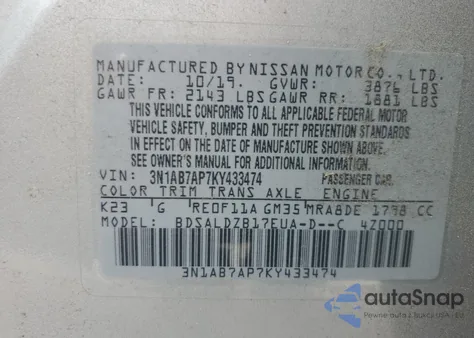 2019 Nissan Sentra S из США, поврежденный, VIN 3N1AB7AP7KY433474